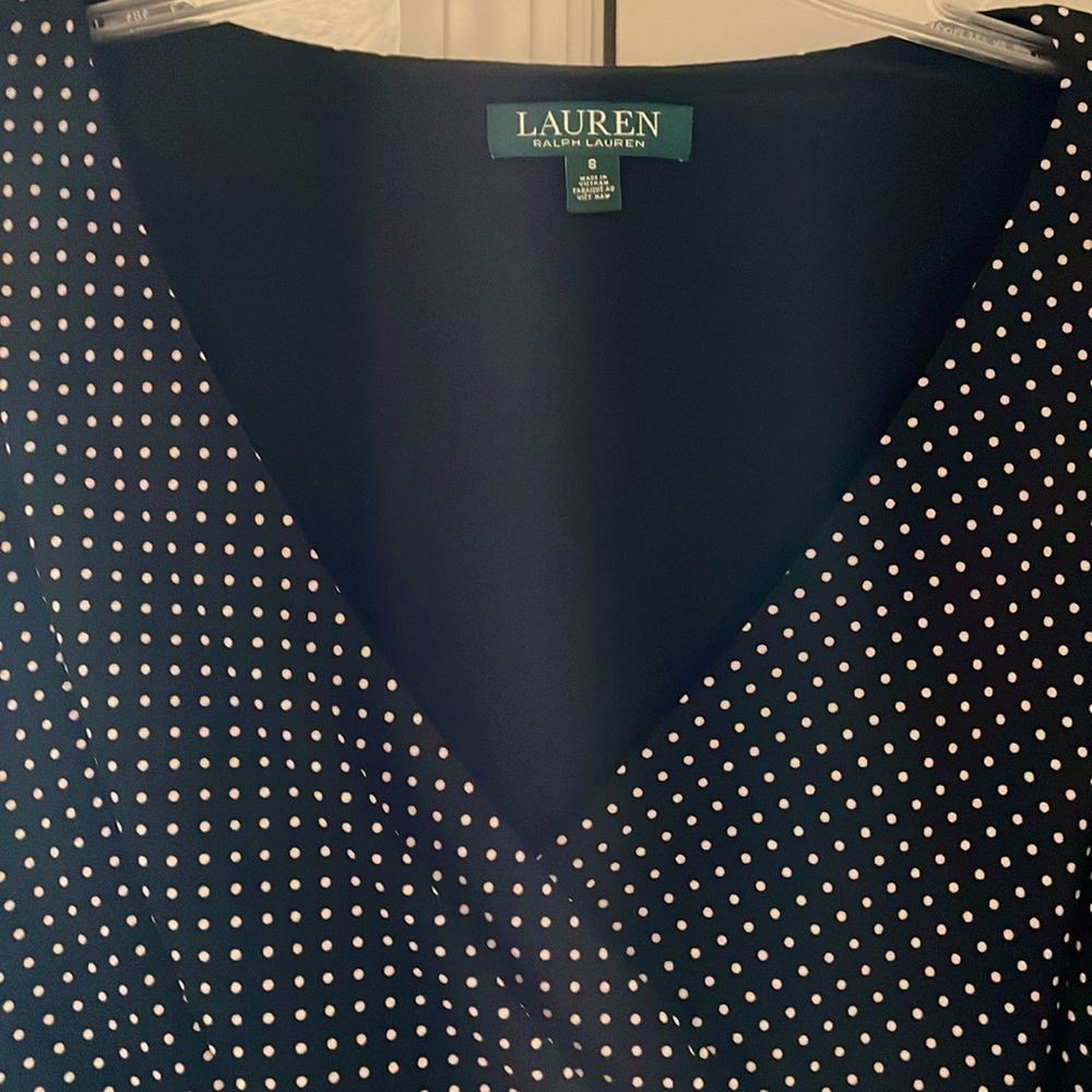 Dress by Lauren. Black/white polka dots. Faux wrap